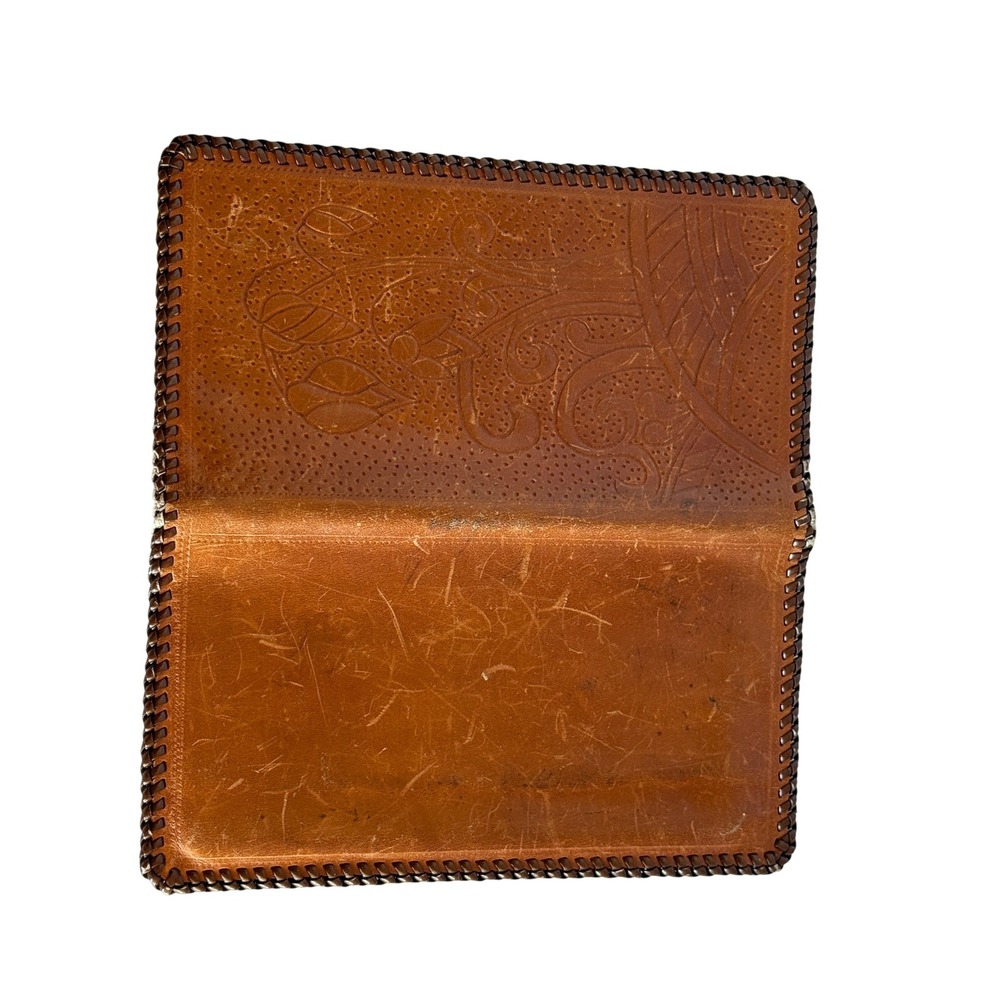 Vintage Tooled Leather Checkbook Wallet Brown Floral Design Hand Stitched - Picture 6 of 12